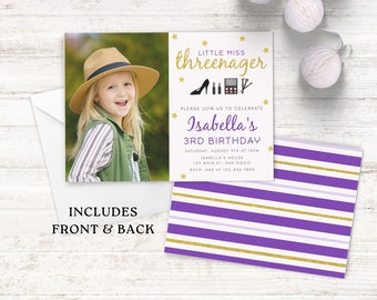 May include: Purple and white striped invitation with gold glitter accents. The invitation is for a 3rd birthday party for a girl named Isabella. The invitation says "Little Miss Threenager" with a gold star background and makeup icons. The invitation includes a photo of a girl wearing a straw hat and a green jacket.