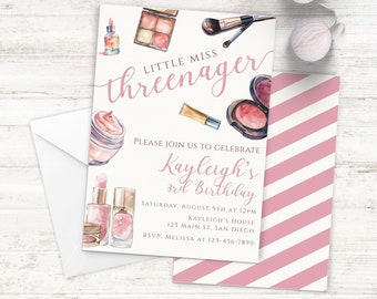Inbjudan till Threenager-födelsedag, inbjudan till Little Miss Threenager, flickas 3-årsdag, rosa inbjudan, REDIGERINGSBAR mall, direktnedladdning, KB-007