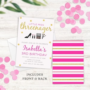 Editable Threenager Birthday Invitation 3rd Birthday Girl Little Miss Glam Pink Invite Instant Download Digital Template Corjl KB-004
