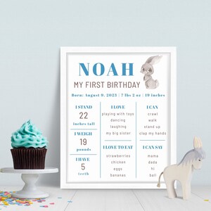 Modificabile Some Bunny è un cartello di pietra miliare per il primo compleanno del bambino, decorazione primaverile blu, poster da scaricare immediatamente, modello digitale Corjl KB-003