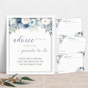 Enseigne et cartes de conseils pour baby shower en fleurs, décoration florale bleue, conseils pour les futurs parents, imprimable téléchargement immédiat BB-003
