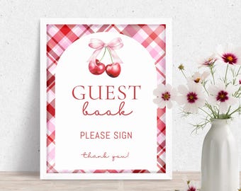 Cherry On Top Girl Theme Guest Book Sign, Please Sign Keepsake Book, Pink Bow Coquette Baby Shower Decor, Red Welcome Table Printable BB-007