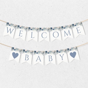 Faixa de boas-vindas para bebê, decoração de bandeirinhas para chá de bebê azul Baby in Bloom, decoração floral azul, modelo de guirlanda editável para download instantâneo BB-003