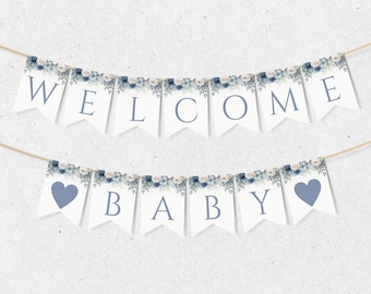Welcome Baby Banner, Baby in Bloom Blue Baby Shower Bunting Decoration, Blue Floral Decor, Editable Garland Template Instant Download BB-003