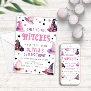 May include: A printable invitation for a 6th birthday party with a witch theme. The invitation features a watercolor design of purple and pink witch hats with stars and the text "Calling all Witches. Join us to celebrate Olivia's 6th Birthday. Saturday, October 8th at 12pm. Olivia's House. 123 Main St Anaheim. RSVP Nicole at 123-456-7890."