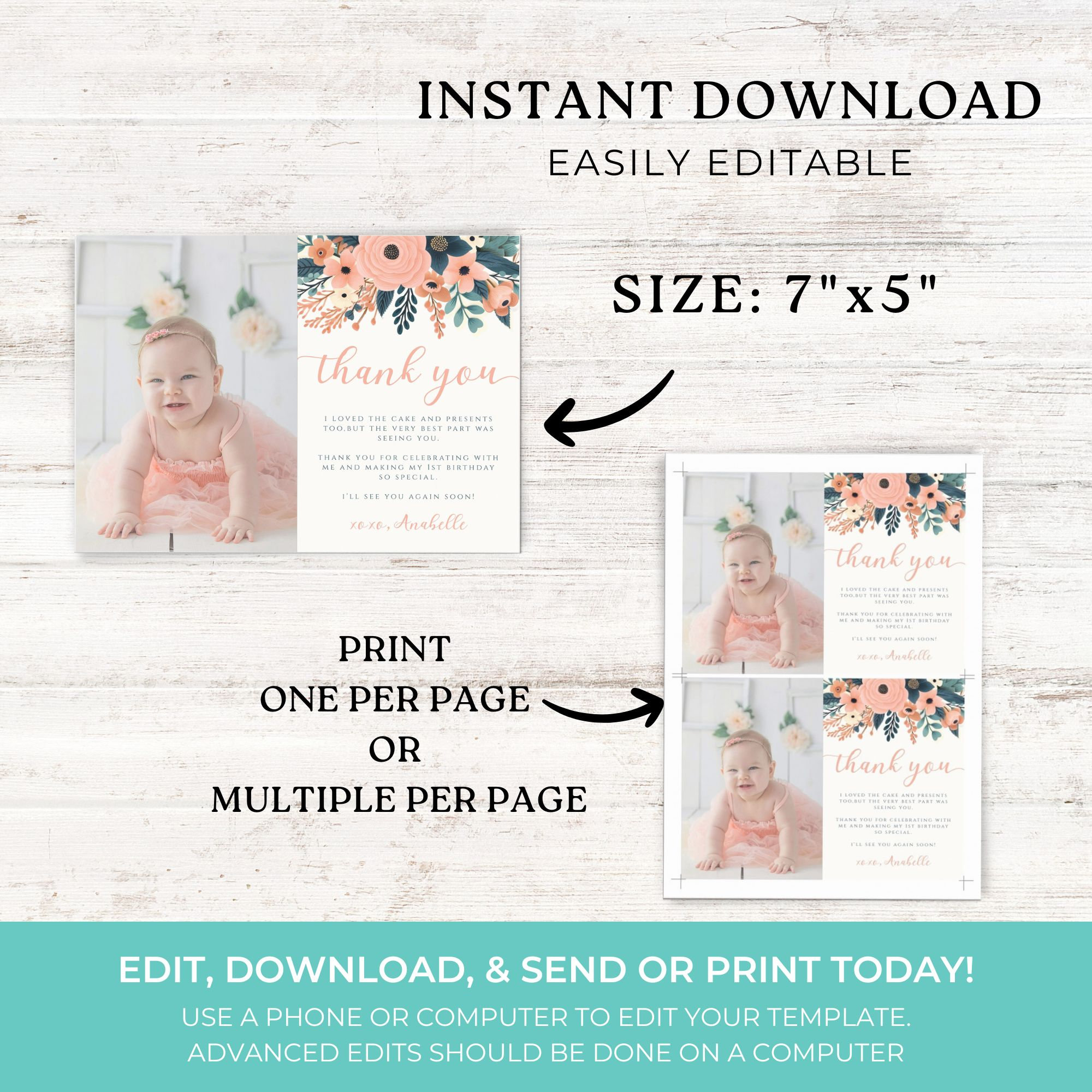 Editable Birthday Thank You Card, Pink Floral Birthday Photo Favor Card ...