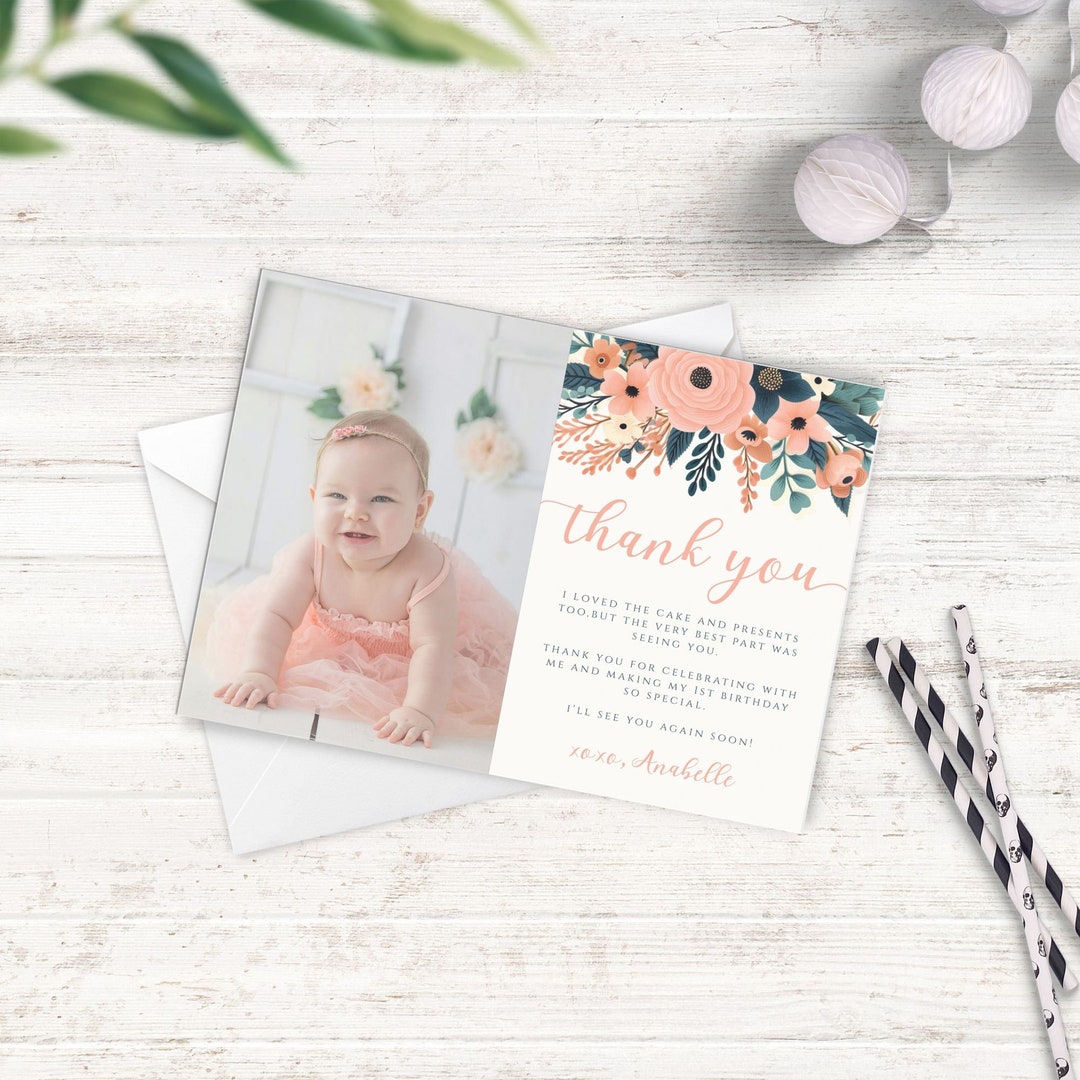 Editable Birthday Thank You Card, Pink Floral Birthday Photo Favor Card ...