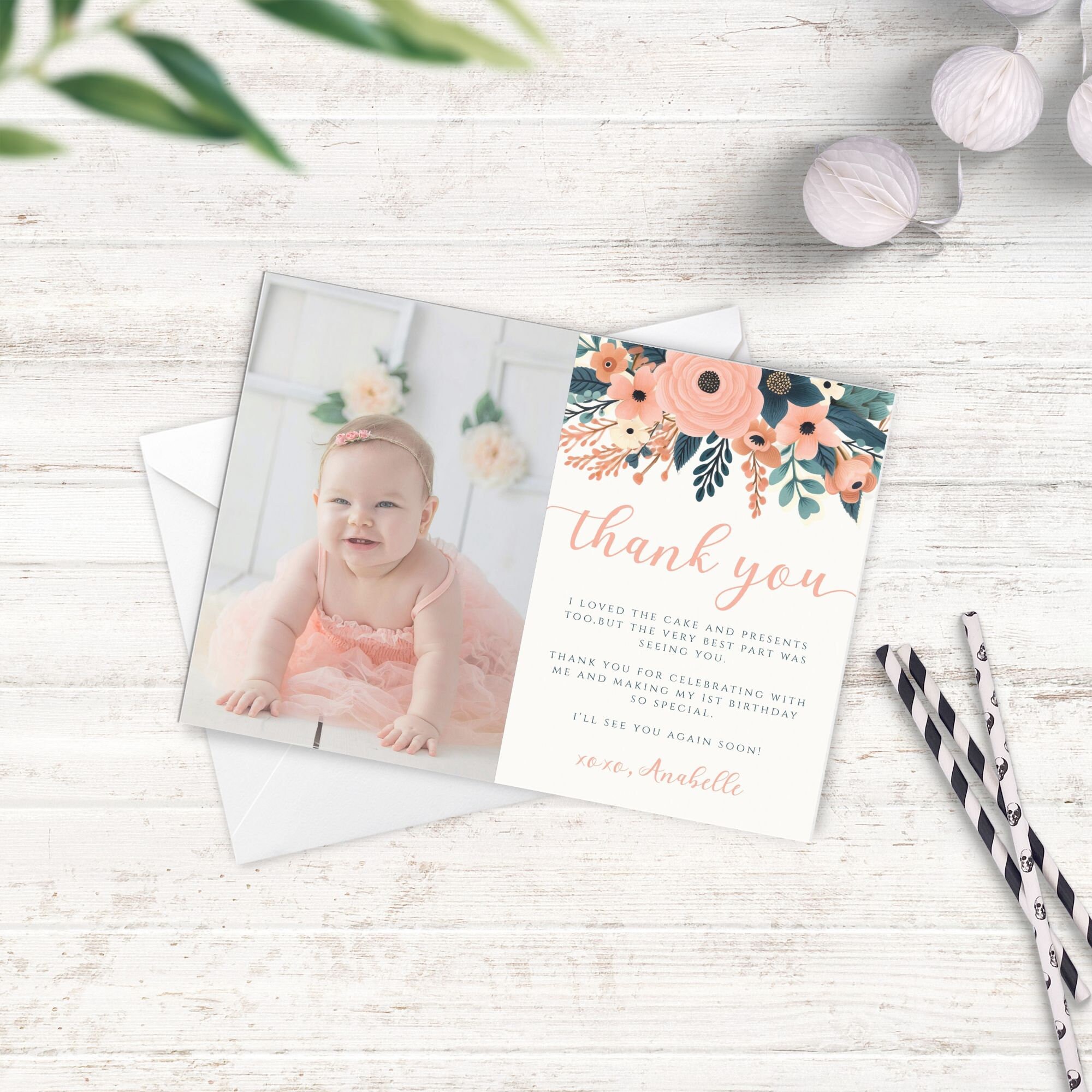 Editable Birthday Thank You Card, Pink Floral Birthday Photo Favor Card ...