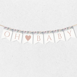 Oh Baby Banner, Baby in Bloom Baby Shower Bunting Decoration, Pink Floral Decor, Spring Flowers, Editable Template Instant Download BB-002