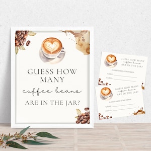 Signe et carte-réponse combien de grains de café sont dans le pot, signe de fête de douches sur le thème du café, bébé se prépare, l'amour se prépare numérique BB-005