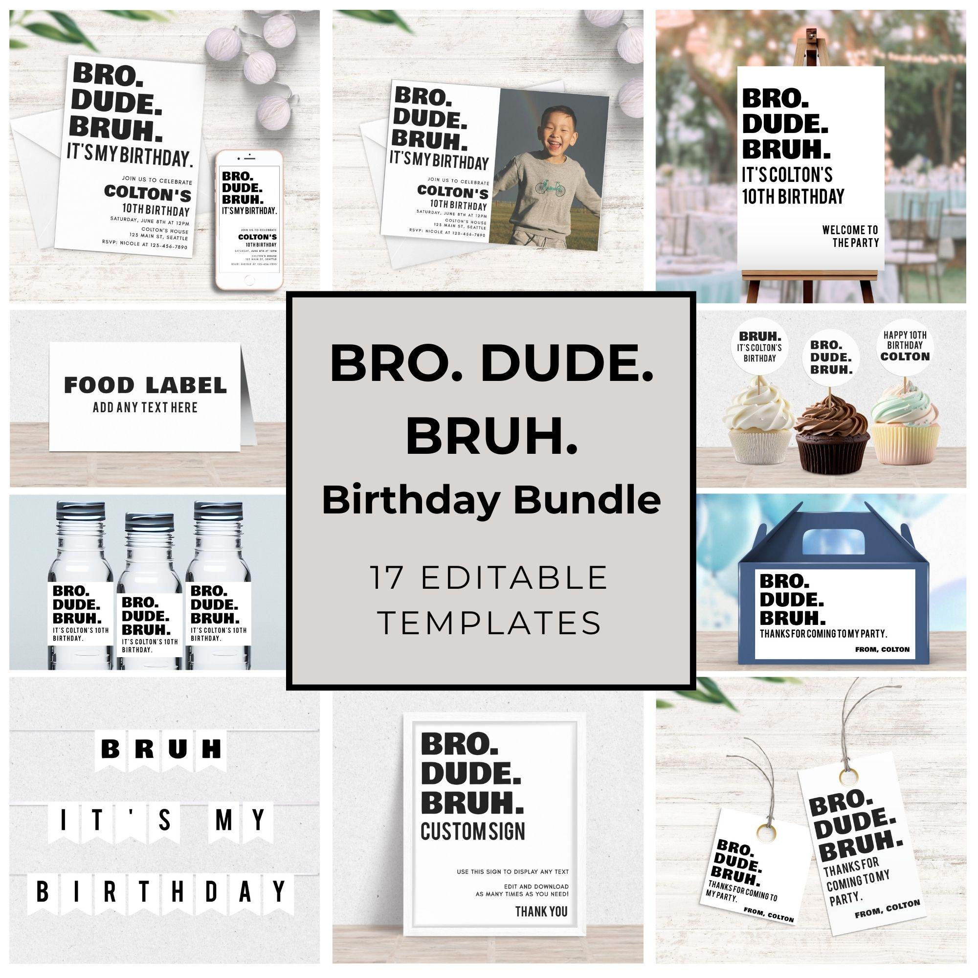 Conjunto de festa de aniversário BRUH, convite e decoração com tema Bro Dude Bruh, conjunto para festa de aniversário de menino pré-adolescente, menino adolescente, infantil, modelo digital editável KB-006