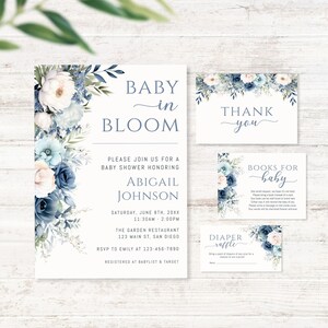 Baby in Bloom Baby Shower Invitation Set, EDITABLE Baby in Bloom Blue Floral Invite Bundle, Dusty Blue and White Flower, Boy, BB-003