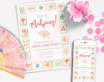 May include: A party invitation with the text "Let's Mahjong!" and a matching phone screen display the same design. The invitation features Mahjong tiles, a pink fan, and a paper flower. The invitation is for a girls game night.