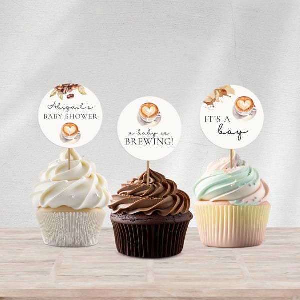 Coffee Baby Shower Cupcake Topper, A Baby is Brewing Cake Decor, Editable Round Coffee Party Topper, It's a Boy Decoration, Custom BB-005