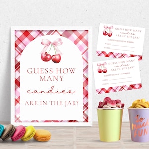 Quante caramelle ci sono nel barattolo, cartello e scheda di risposta, decorazione per feste a tema ciliegia, decorazione per baby shower con fiocco rosa Coquette Girl stampabile BB-007