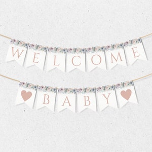 Welcome Baby Banner, Baby in Bloom Baby Shower Bunting Decoration, Pink Floral Decor, Pink Flowers Editable Template Instant Download BB-002