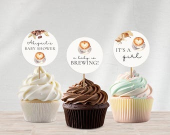 Coffee Baby Shower Cupcake Topper, A Baby is Brewing Cake Decor, Editable Round Coffee Party Topper, It&#39;s a Girl Decoration, Custom BB-005