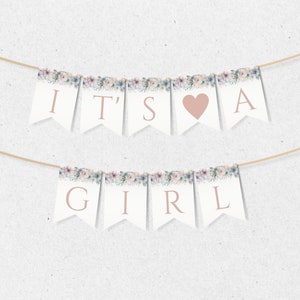 It&#39;s a Girl Banner, Baby in Bloom Baby Shower Bunting Decoration, Pink Floral Decor, Pink Flowers, Editable Template Instant Download BB-002