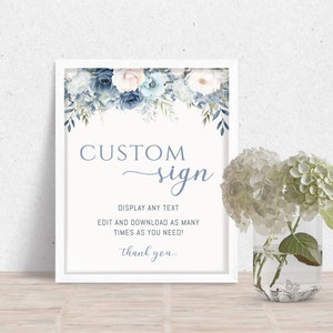 Custom Baby Shower Sign, EDITABLE Dusty Blue Floral Signage Decor, Blue and White Flowers Decoration, Boy, Instant Download Template BB-003