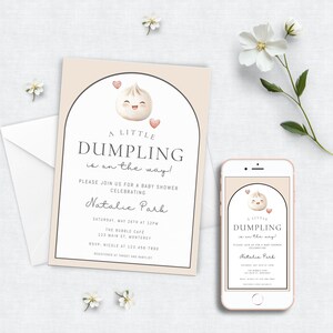 May include: A pink and white baby shower invitation with a cartoon dumpling illustration. The invitation reads "A Little Dumpling is on the way!" and includes the name "Natalie Park" and details for the shower.