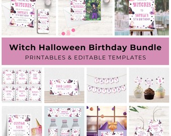 Witch Birthday Bundle, Halloween Party Invitation and Decor, Pink Purple Witch Hat Girl Bday Party Set, Kid Editable Digital Template KB-013