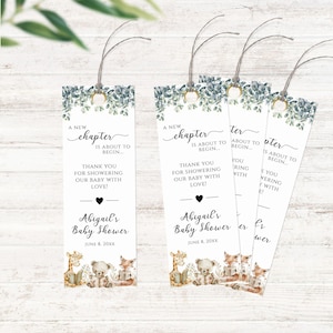 Segnalibro per baby shower con libro di fiabe, bomboniera modificabile con libro di fiabe, regalo di ringraziamento per il nuovo capitolo, animali del libro di lettura, modello per download digitale BB-001