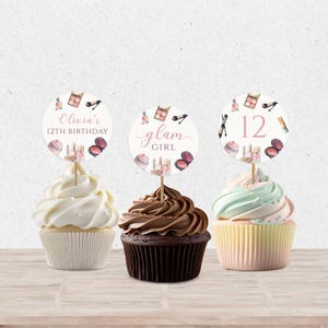 Glam Cupcake Topper for Makeup Party, Birthday Glamour Decoration, Kid Tween Girl Birthday Decor, Digital Download, Editable Template KB-015