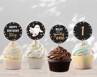 Adornos espeluznantes para cupcakes de primer cumpleaños, decoración fantasmal para Halloween, decoración personalizada para fiesta de primer cumpleaños, niña, niño, editable KB-017