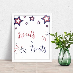 Sweets and Treats Sign, July 4th Birthday Party, Dessert Table Decor, Stars and Stripes, Red White Blue, Printable Instant Download KB-012