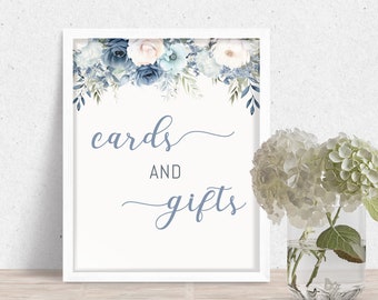 Baby in Bloom Blue Baby Shower Card and Gift Sign, Dusty Blue Floral Gift Table Decor, Card Box Decoration Printable Instant Download BB-003