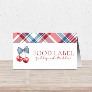 Etiqueta de comida editável, cartão de barraca de comida personalizado cereja no topo, decoração de chá de bebê de menino coquete com laço azul, modelo de cartão de bufê para download BB-008