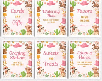 May include: Six framed signs with a Western theme. Each sign features a pink cowboy hat, boots, cactus, and illustrations of a cowgirl, horse, and cow. The signs read "Cards and Gifts", "Watering Hole", "Favors", "Grazing Station", "Sweets and Treats", and "Adopt a Horse".