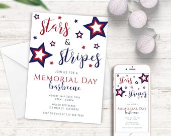 Gedenktag Grilleinladung, EDITIERBARE Grillparty Lunch Party einladen, Stars and Stripes, Vaterländische Feier, Digitale Vorlage HL-006