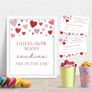 Segno e risposta per "Quante caramelle ci sono nel barattolo", decorazione per feste a tema cuore di San Valentino, decorazione per baby shower a forma di cuore, stampabile BB-006