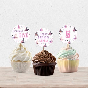 Decorazioni per cupcake di compleanno a forma di strega, festa ammaliante, decorazioni personalizzate per feste di Halloween per ragazze, cupcake personalizzati, modello digitale modificabile KB-013