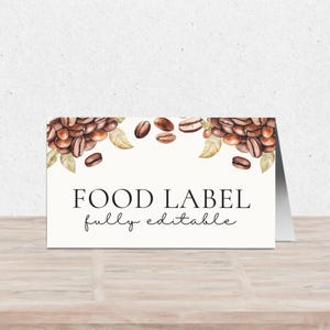 Bewerkbaar voedseletiket, koffieboonthema aangepaste voedseltentkaart, A Baby is Brewing Babyshower, buffetkaart, sjabloon instant download BB-005