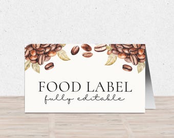 Editable Food Label, Coffee Bean Theme Custom Food Tent Card, A Baby is Brewing Baby Shower, Buffet Card, Instant Download Template BB-005