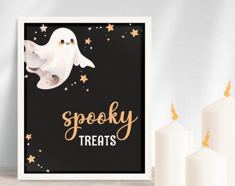 Placa de guloseimas assustadoras de aniversário fantasmagórico, decoração de Halloween em preto e laranja, doces e guloseimas, decoração de mesa de sobremesas, impressão para festa fantasmagórica, KB-017