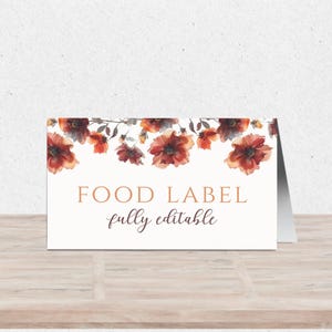 Étiquette de nourriture modifiable, carte de tente de nourriture personnalisée automne, carte de buffet de shower de bébé floral orange automne, téléchargement immédiat modèle BB-004