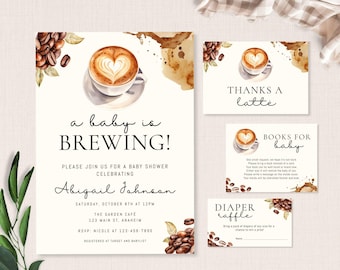 May include: A baby shower invitation with a coffee theme. The invitation features a watercolor illustration of a cup of coffee with a heart design in the foam. The text reads "a baby is brewing!" and includes the name Abigail Jahnsan, the date and time of the shower, and the location. The invitation also includes a "thanks a latte" card, a "books for baby" card, and a "diaper raffle" card.