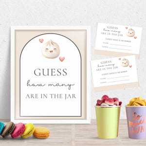 Scheda "Indovina quanti ce ne sono nel barattolo" con cartello e risposta, decorazioni stampabili per baby shower a tema ravioli, decorazioni per feste dim sum, Baby Bao BB-009