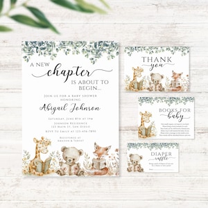 EDITABLE New Chapter Baby Shower Invitation Set, Storybook Invite, Woodland Creatures, Book Themed, Gender Neutral, Instant Download BB-001