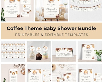 Coffee Bean Baby Shower Bundle, Baby is Brewing Invitation and Decor Set, Gender Neutral Invite, Editable Digital Template, Printable BB-005