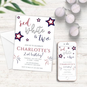 Red White and Two Birthday Invitation, EDITABLE 4th of July Patriotic 2nd Birthday Invite, Girl Second Birthday, Instant Download KB-012