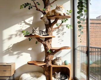 Handcrafted Birch Wood Multi-Tiered Cat Tree, Natural Cat Tower