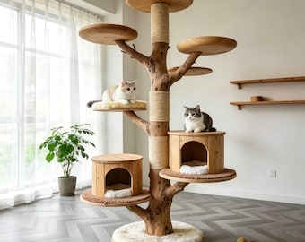 Torre para gatos multicapa de madera maciza hecha a mano, árbol para gatos de abedul
