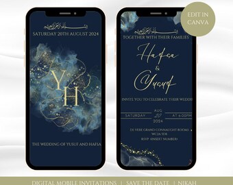 May include: A digital mobile invitation for a wedding. The invitation features a navy blue background with gold accents and a watercolour design. The text on the invitation reads "Together with their families, Hafsa & Yusuf invite you to celebrate their wedding. Saturday, August 20, 2024 at 6:00 PM. De Vere Grand Connaught Rooms, WC2A 5DB. RSVP (insert number)"