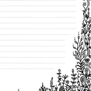 Peut inclure: Une feuille de papier &agrave; lettres lign&eacute; avec une bordure botanique dessin&eacute;e &agrave; la main en noir et blanc sur le c&ocirc;t&eacute; droit et le bord inf&eacute;rieur, compos&eacute;e de motifs floraux complexes, de vignes, de feuilles et de petits points sur fond blanc.
