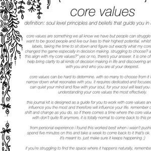 Peut inclure: Un document blanc avec du texte noir intitul&eacute; core values, orn&eacute; d'une bordure florale d&eacute;taill&eacute;e &agrave; l'encre noire sur les bords sup&eacute;rieur et gauche. Le texte fournit une d&eacute;finition et des conseils pour identifier ses principes et croyances.