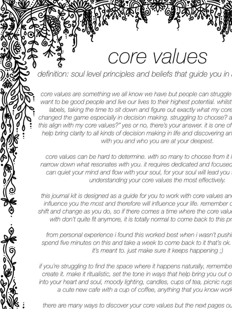 Peut inclure: Un document blanc avec du texte noir intitul&eacute; core values, orn&eacute; d'une bordure florale d&eacute;taill&eacute;e &agrave; l'encre noire sur les bords sup&eacute;rieur et gauche. Le texte fournit une d&eacute;finition et des conseils pour identifier ses principes et croyances.
